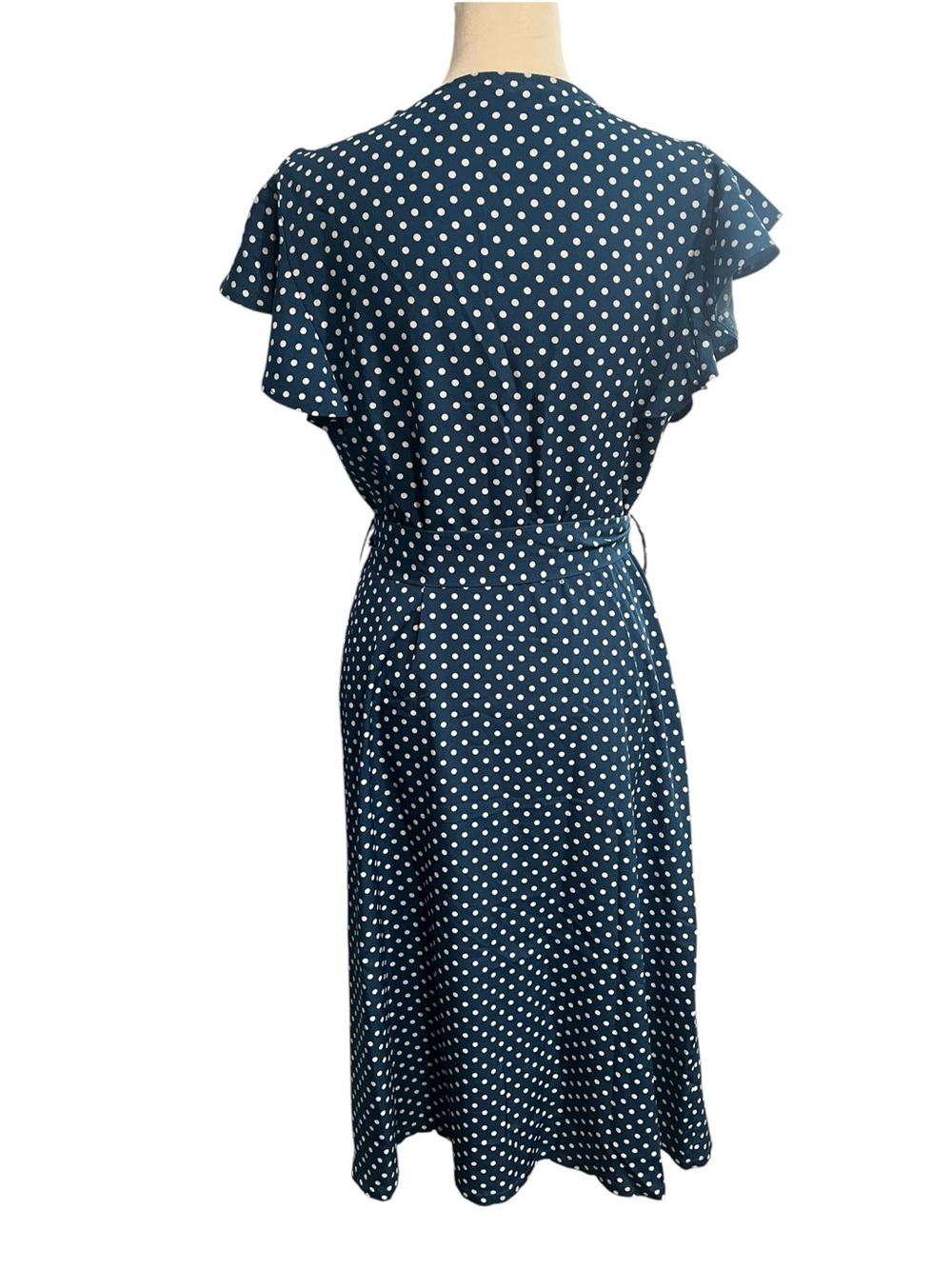 NWOT Navy Blue and White Polka Dot Midi Dress with Flutter Sleeves / Medium - Picture 4 of 7